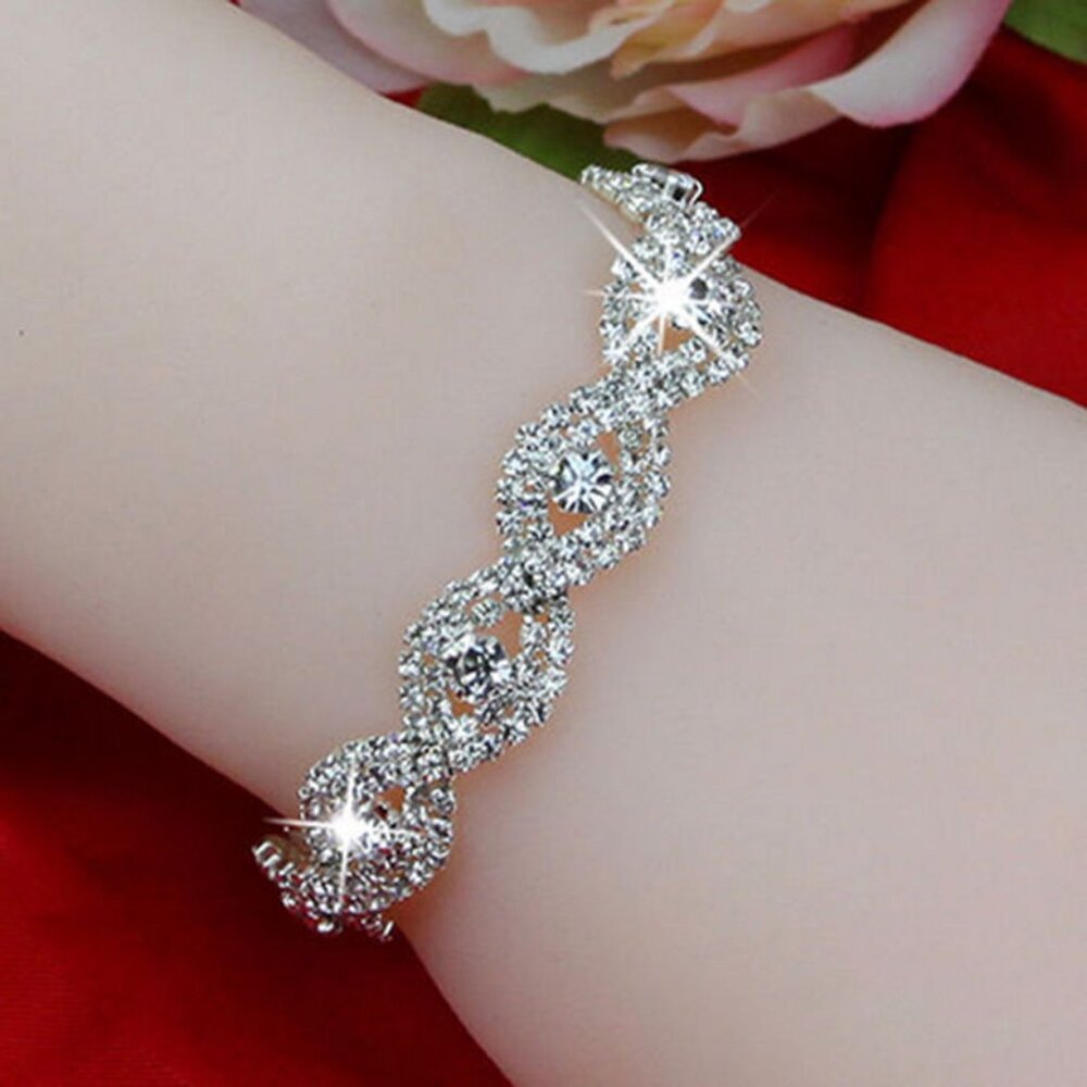 New Womens Luxury Spiral Diamond Simulated Bracelet Silver Plated